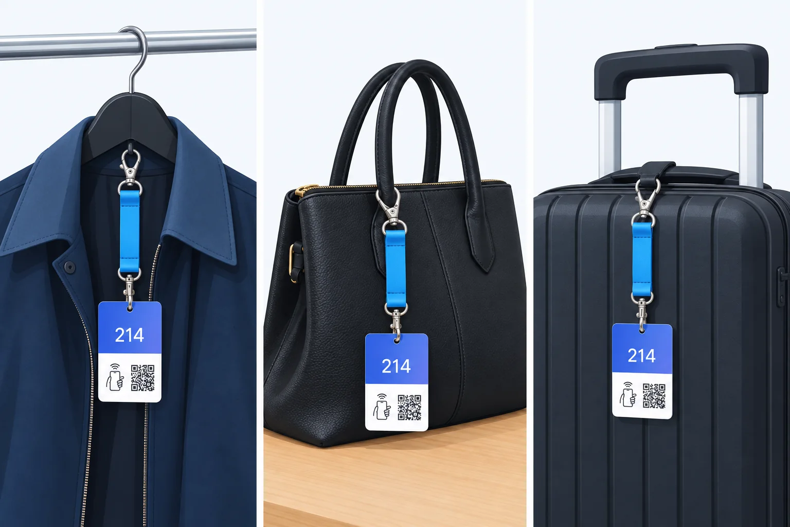 The tapla tag, number 214, hooked onto three things: a coat on a hanger, the handle of a leather bag, and the handle of a suitcase.